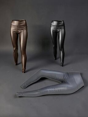 3PACK - Women's High-Waisted Shiny Faux Leather Leggings - Black, Gray, Brown
